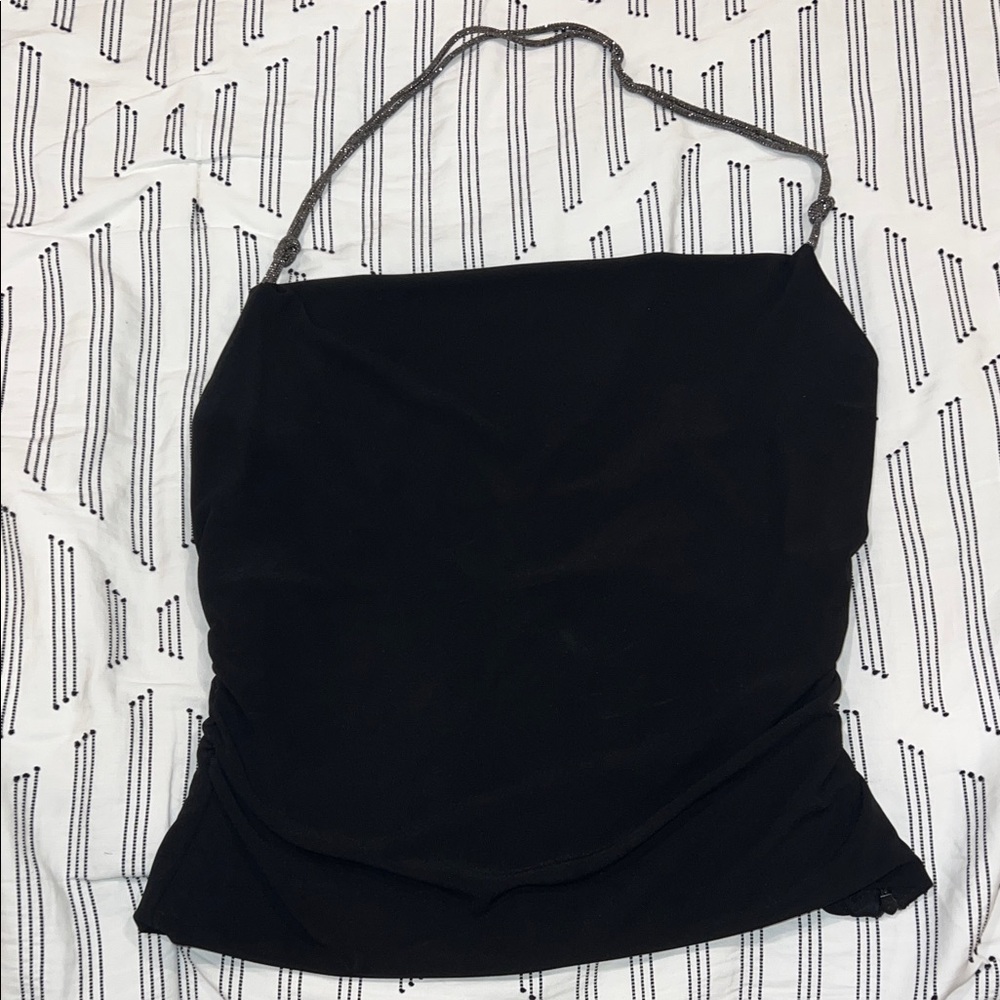 NWOT Zara Rhinestone Strap Black Halter Too with Side Ruching